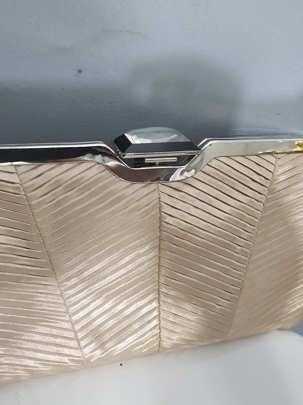 Kate Landry Cream Chevron Satin Clutch with Faceted Gem Clasp